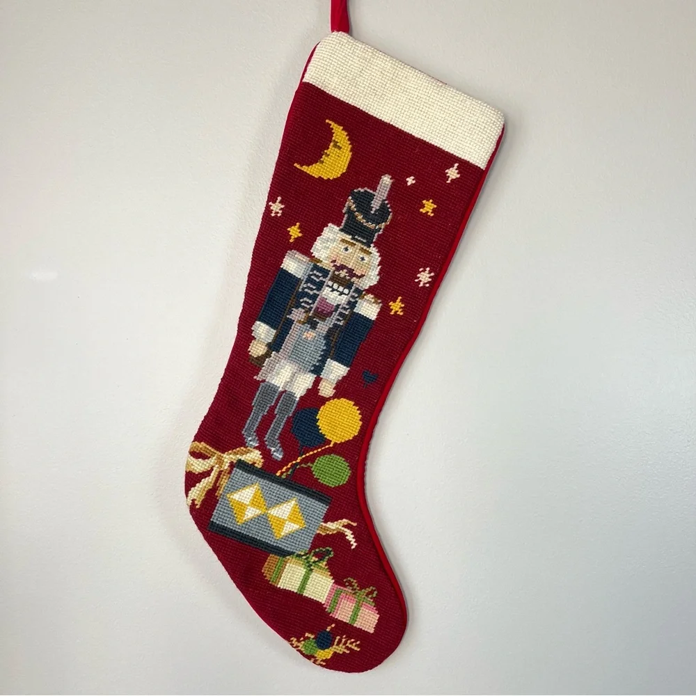 VTG Wool Needlepoint Nutcracker Christmas Stocking Red Velvet Back 20